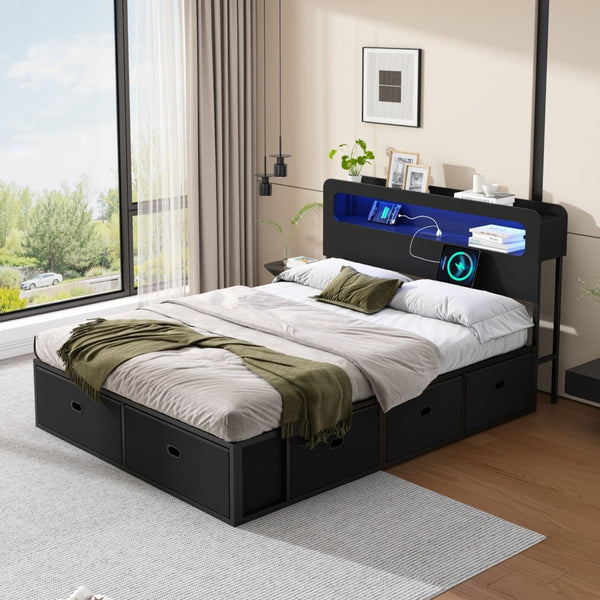 English Elm Queen Storage Bed with Led Headboard Bookshelf Charging Station and 8 Fabric Drawers W1670P459632