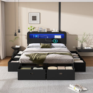 English Elm Queen Storage Bed with Led Headboard Bookshelf Charging Station and 8 Fabric Drawers W1670P459632