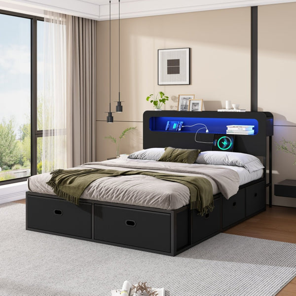 English Elm Queen Storage Bed with Led Headboard Bookshelf Charging Station and 8 Fabric Drawers W1670P459632