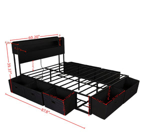 English Elm Queen Storage Bed with Led Headboard Bookshelf Charging Station and 8 Fabric Drawers W1670P459632