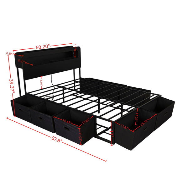 English Elm Queen Storage Bed with Led Headboard Bookshelf Charging Station and 8 Fabric Drawers W1670P459632
