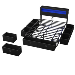 English Elm Queen Storage Bed with Led Headboard Bookshelf Charging Station and 8 Fabric Drawers W1670P459632