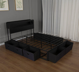 English Elm Queen Storage Bed with Led Headboard Bookshelf Charging Station and 8 Fabric Drawers W1670P459632