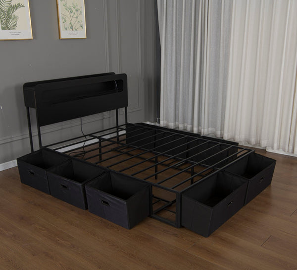 English Elm Queen Storage Bed with Led Headboard Bookshelf Charging Station and 8 Fabric Drawers W1670P459632