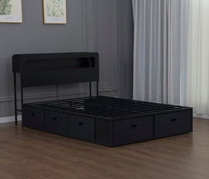 English Elm Queen Storage Bed with Led Headboard Bookshelf Charging Station and 8 Fabric Drawers W1670P459632