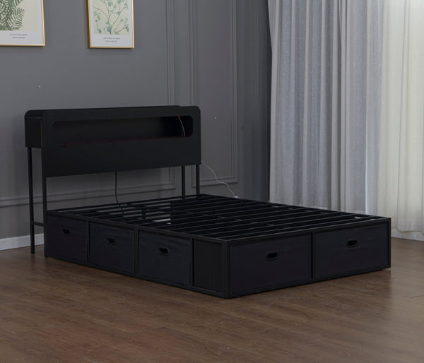 English Elm Queen Storage Bed with Led Headboard Bookshelf Charging Station and 8 Fabric Drawers W1670P459632