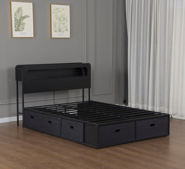 English Elm Queen Storage Bed with Led Headboard Bookshelf Charging Station and 8 Fabric Drawers W1670P459632