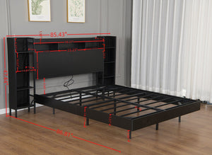 English Elm Queen Platform Bed with LED Ambient Lighting Bookcase Headboard and USB Charging W1670P459649