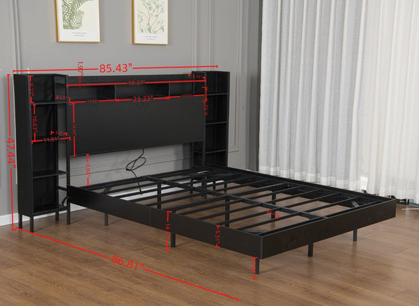English Elm Queen Platform Bed with LED Ambient Lighting Bookcase Headboard and USB Charging W1670P459649