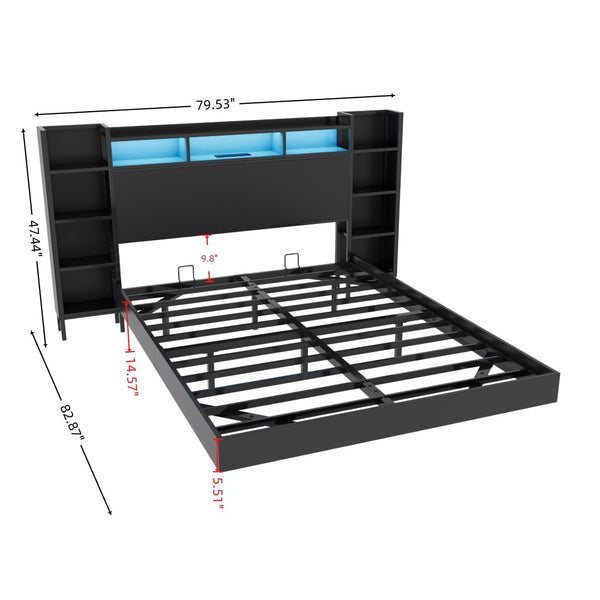 English Elm Full Metal Platform Bed Floating Frame LED Lighting USB Charging Bookcase Headboard W1670P459696