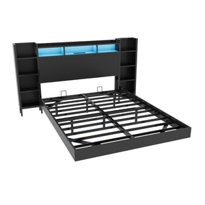 English Elm Full Metal Platform Bed Floating Frame LED Lighting USB Charging Bookcase Headboard W1670P459696