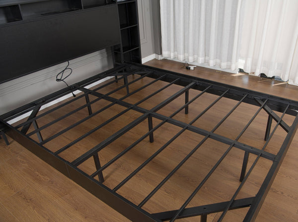 English Elm Full Metal Platform Bed Floating Frame LED Lighting USB Charging Bookcase Headboard W1670P459696
