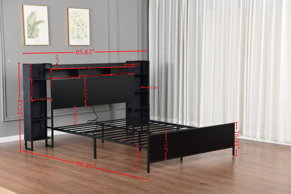 English Elm Queen Platform Bed Heavy Duty Metal Frame LED Lighting Storage Headboard USB Charging W1670P459754