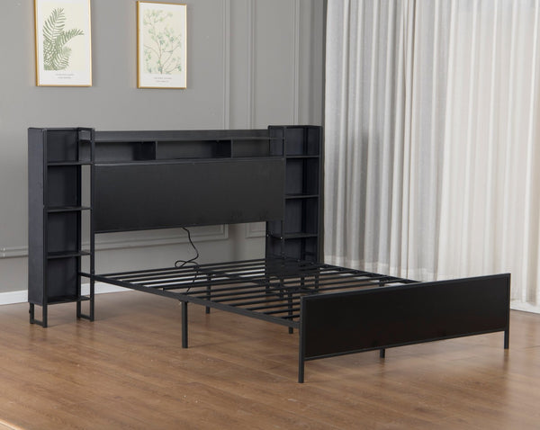English Elm Queen Platform Bed Heavy Duty Metal Frame LED Lighting Storage Headboard USB Charging W1670P459754