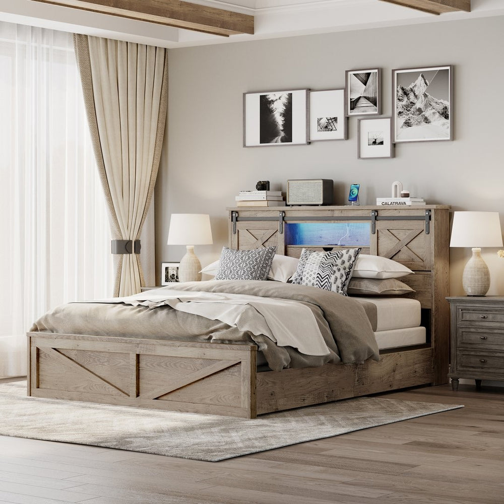 English Elm Farmhouse Queen Bed with LED Lighting Storage Drawers and Sliding Barn Door Headboard W1670P467338