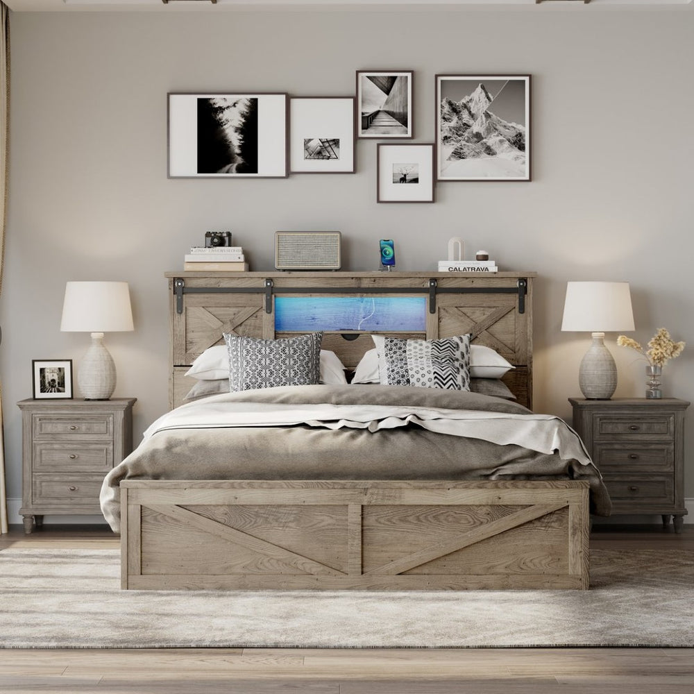 English Elm Farmhouse Queen Bed with LED Lighting Storage Drawers and Sliding Barn Door Headboard W1670P467338