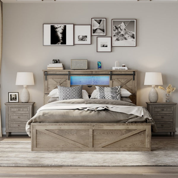 English Elm Farmhouse Queen Bed with LED Lighting Storage Drawers and Sliding Barn Door Headboard W1670P467338