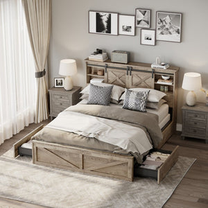 English Elm Farmhouse Queen Bed with LED Lighting Storage Drawers and Sliding Barn Door Headboard W1670P467338