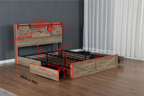 English Elm Farmhouse Queen Bed with LED Lighting Storage Drawers and Sliding Barn Door Headboard W1670P467338