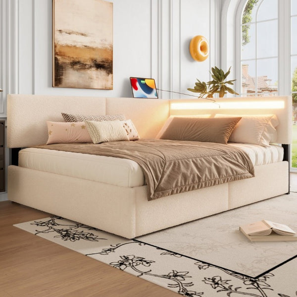 English Elm Full Size Tufted Upholstered Storage Bed with LED Lighting and USB Charging Port W1670P487806