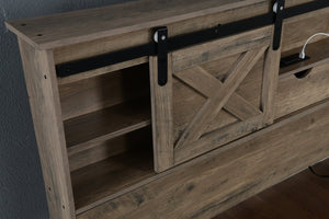 English Elm Farmhouse King Bed with Sliding Barn Door Headboard LED Lighting and Charging Station W1670S00039