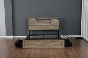English Elm Farmhouse King Bed with Sliding Barn Door Headboard LED Lighting and Charging Station W1670S00039