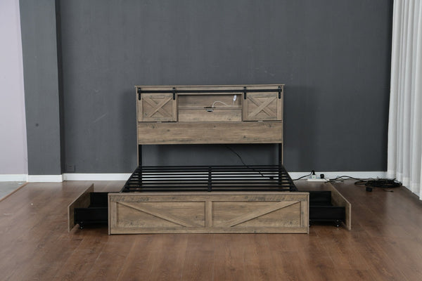 English Elm Farmhouse King Bed with Sliding Barn Door Headboard LED Lighting and Charging Station W1670S00039
