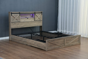 English Elm Farmhouse King Bed with Sliding Barn Door Headboard LED Lighting and Charging Station W1670S00039