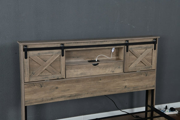 English Elm Farmhouse King Bed with Sliding Barn Door Headboard LED Lighting and Charging Station W1670S00039