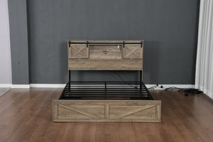 English Elm Farmhouse King Bed with Sliding Barn Door Headboard LED Lighting and Charging Station W1670S00039