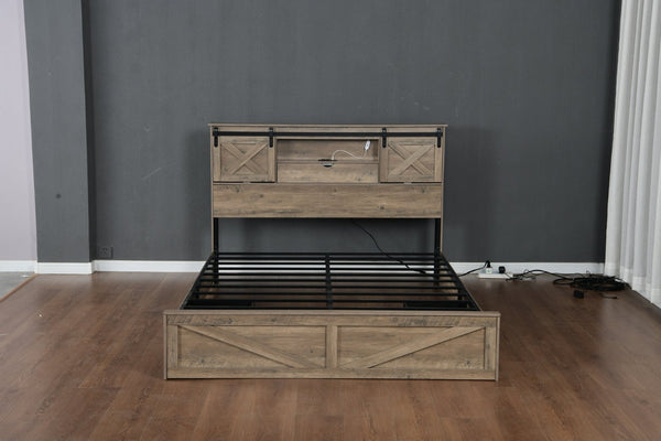 English Elm Farmhouse King Bed with Sliding Barn Door Headboard LED Lighting and Charging Station W1670S00039