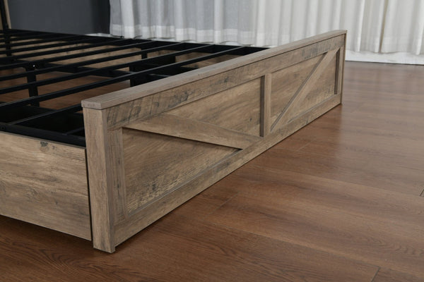 English Elm Farmhouse King Bed with Sliding Barn Door Headboard LED Lighting and Charging Station W1670S00039