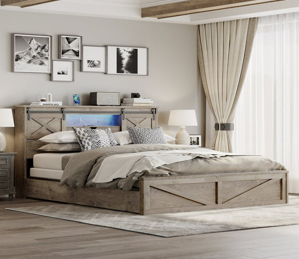 English Elm Farmhouse King Bed with Sliding Barn Door Headboard LED Lighting and Charging Station W1670S00039