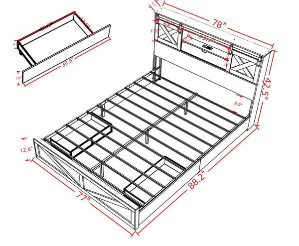 English Elm Farmhouse King Bed with Sliding Barn Door Headboard LED Lighting and Charging Station W1670S00039
