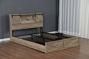 English Elm Farmhouse King Bed with Sliding Barn Door Headboard LED Lighting and Charging Station W1670S00039