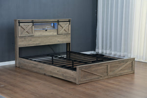 English Elm Farmhouse King Bed with Sliding Barn Door Headboard LED Lighting and Charging Station W1670S00039