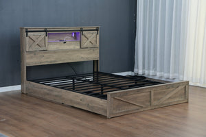 English Elm Farmhouse King Bed with Sliding Barn Door Headboard LED Lighting and Charging Station W1670S00039