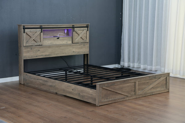 English Elm Farmhouse King Bed with Sliding Barn Door Headboard LED Lighting and Charging Station W1670S00039