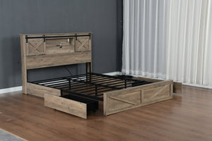 English Elm Farmhouse King Bed with Sliding Barn Door Headboard LED Lighting and Charging Station W1670S00039