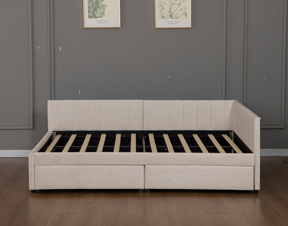 English Elm Full Size Velvet Upholstered Daybed with L Shaped Headboard and Under Bed Storage Drawers W1670S00040
