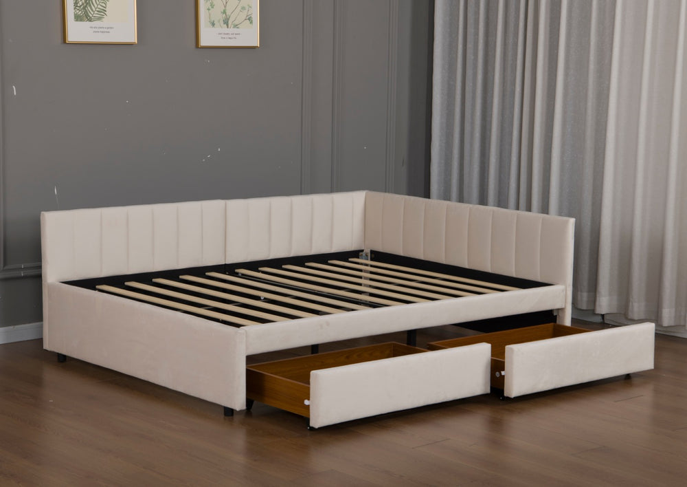 English Elm Full Size Velvet Upholstered Daybed with L Shaped Headboard and Under Bed Storage Drawers W1670S00040