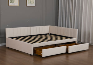 English Elm Full Size Velvet Upholstered Daybed with L Shaped Headboard and Under Bed Storage Drawers W1670S00040