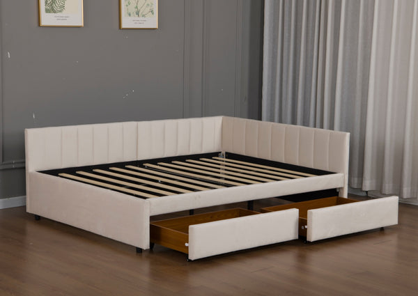 English Elm Full Size Velvet Upholstered Daybed with L Shaped Headboard and Under Bed Storage Drawers W1670S00040
