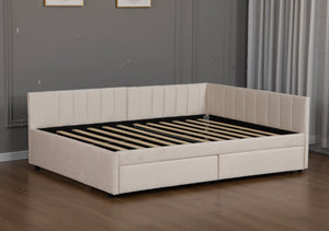 English Elm Full Size Velvet Upholstered Daybed with L Shaped Headboard and Under Bed Storage Drawers W1670S00040