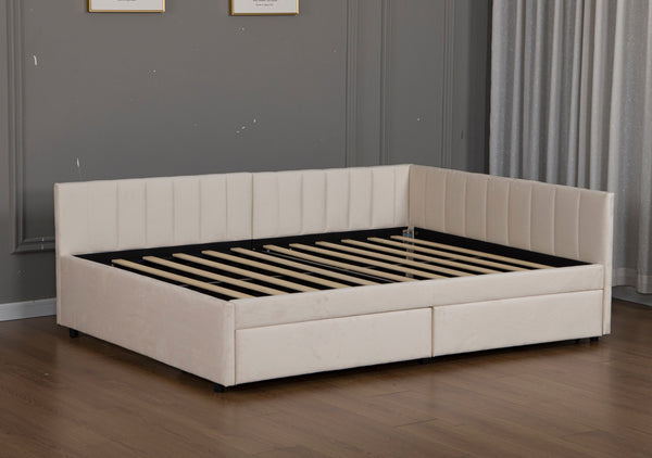 English Elm Full Size Velvet Upholstered Daybed with L Shaped Headboard and Under Bed Storage Drawers W1670S00040