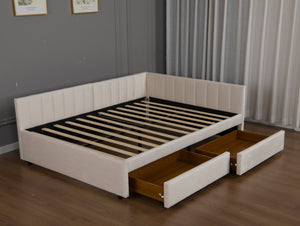 English Elm Full Size Velvet Upholstered Daybed with L Shaped Headboard and Under Bed Storage Drawers W1670S00040