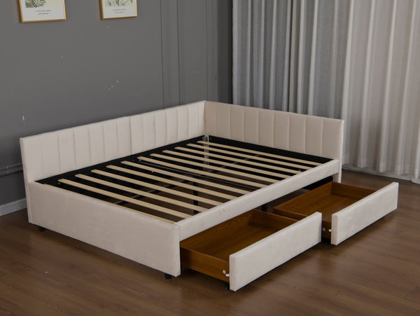 English Elm Full Size Velvet Upholstered Daybed with L Shaped Headboard and Under Bed Storage Drawers W1670S00040