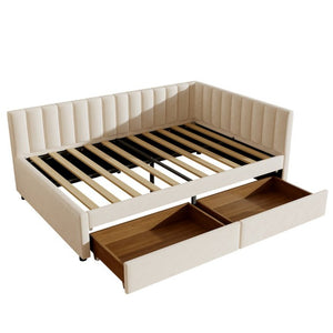 English Elm Full Size Velvet Upholstered Daybed with L Shaped Headboard and Under Bed Storage Drawers W1670S00040
