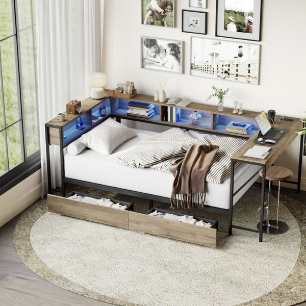 English Elm Corner Queen Platform Daybed with Bookcase Storage Drawers LED Lighting and Charging Hub W1670S00041