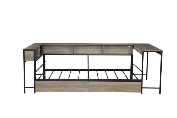 English Elm Corner Queen Platform Daybed with Bookcase Storage Drawers LED Lighting and Charging Hub W1670S00041